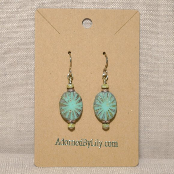 Hand Crafted Handmade Earrings Turquoise Oval Czech Glass Beaded Earrings - Picture 2 of 5